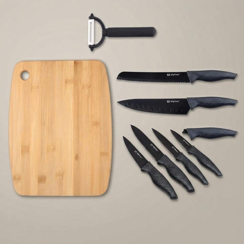 Set Preparazione Cucina Alpina con Tagliere in Bambù 30×23 cm, Set Coltelli e Pelapatate