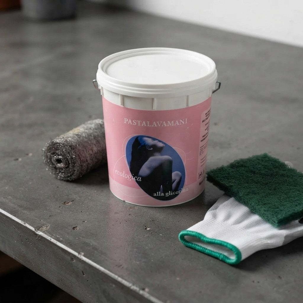 Kit Pulizia Officina e Garage con Pasta Lavamani 1 kg, Lana d’Acciaio 75 g, 10 Fibre Abrasive e Guanti XL