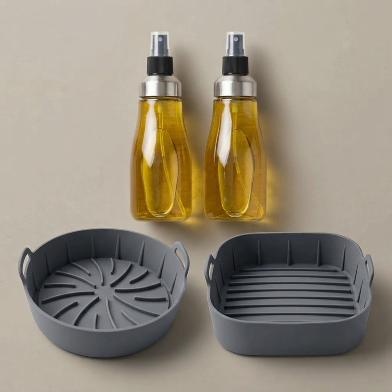 Kit Friggitrice ad Aria con 2 Dosatori Spray 350 ml e 2 Cestelli in Silicone Rotondo e Quadrato