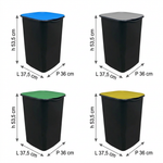 Pattumiere con coperchi colorati e frecce delle misure