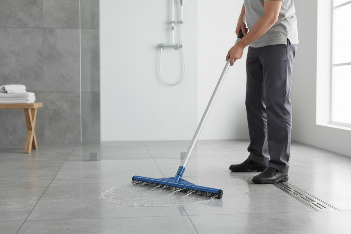 Persona che utilizza lo spingiacqua sul pavimento