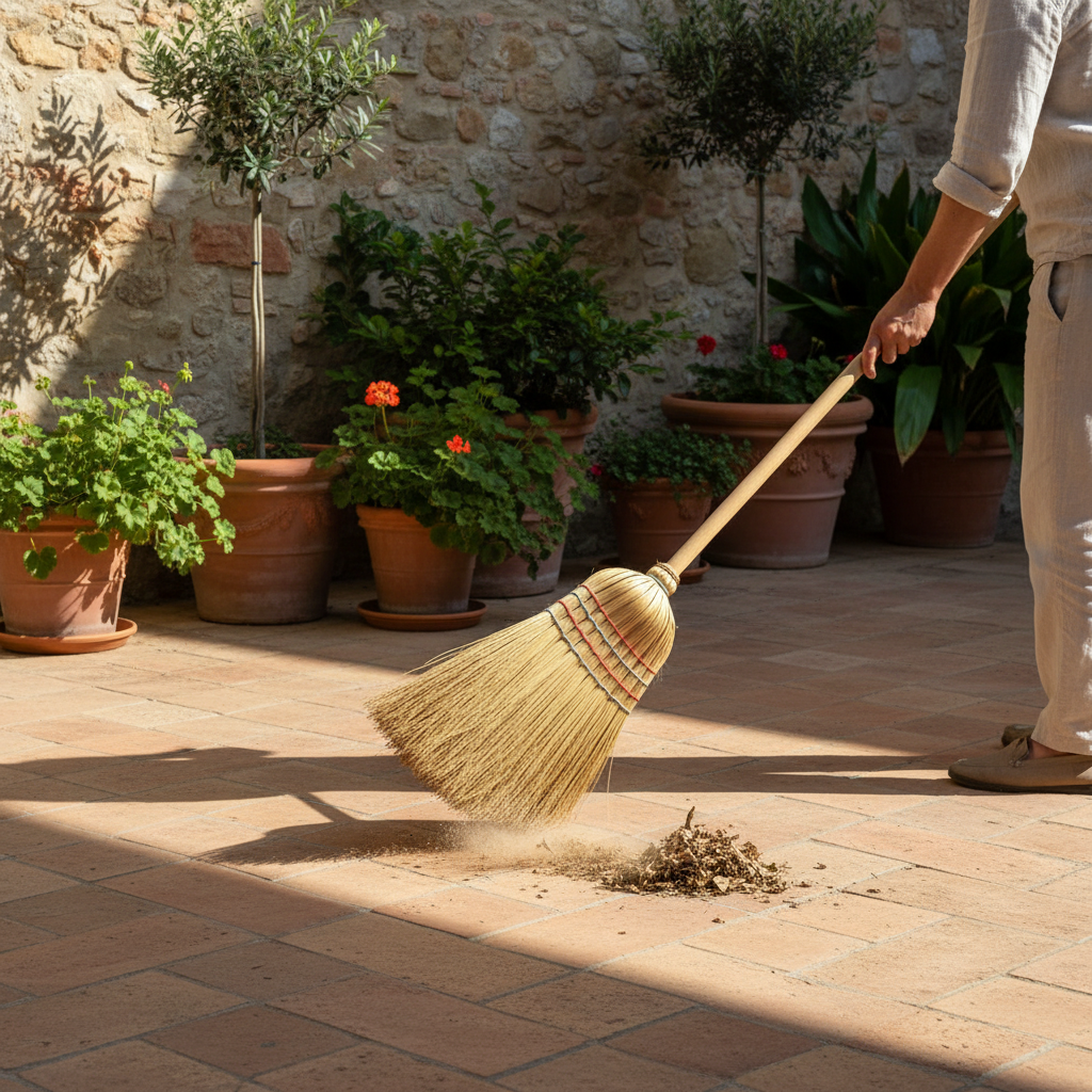 Pulizia cortile con scopa saggina
