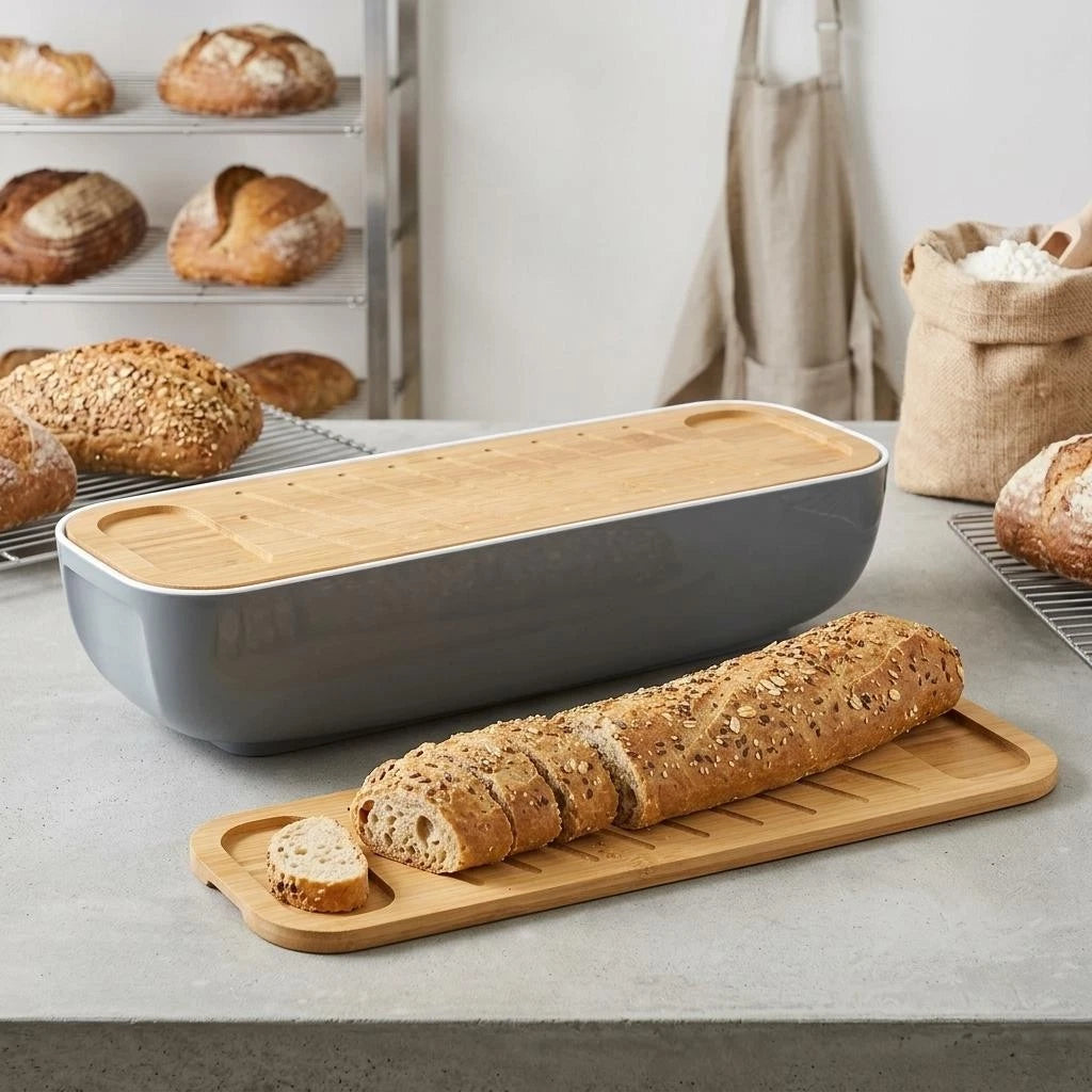 Alpina Bread bin with lid/bamboo cutting board, handles, 40 x 12.2 x 8.5 cm, grey