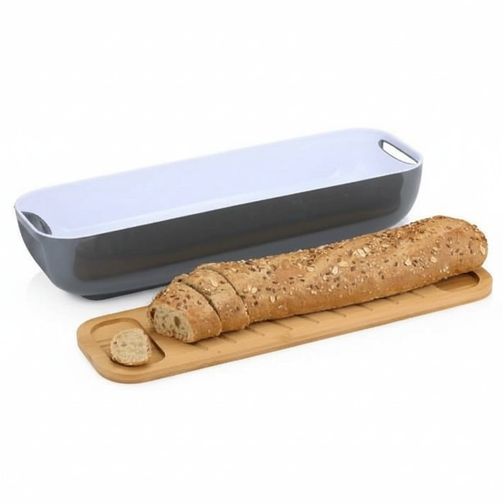 Alpina Bread bin with lid/bamboo cutting board, handles, 40 x 12.2 x 8.5 cm, grey