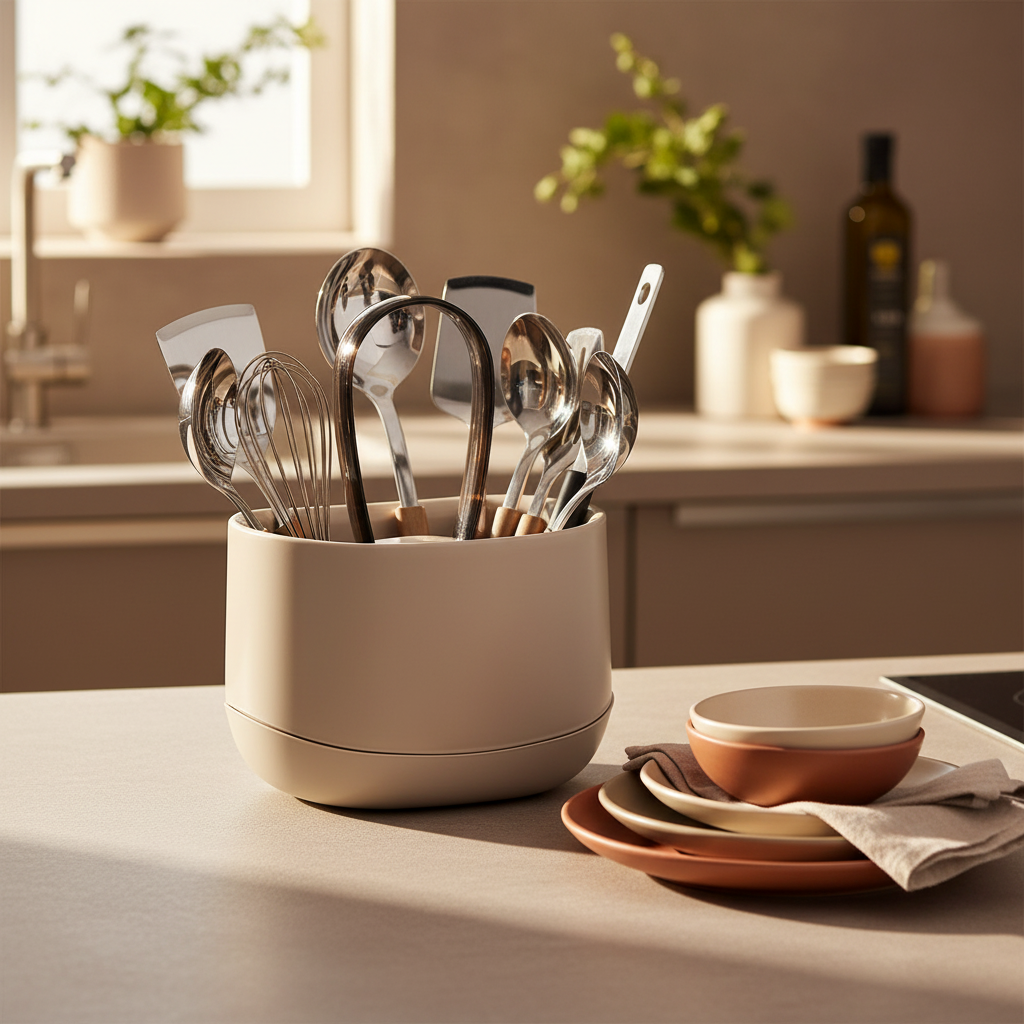 Scena organizzazione cucina con scolaposate tortora